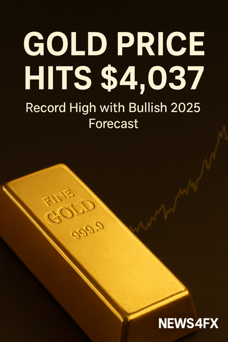 Gold bar with rising chart showing gold price hitting $4,037, symbolizing record high and 2025 bullish forecast, featured on News4FX financial analysis.