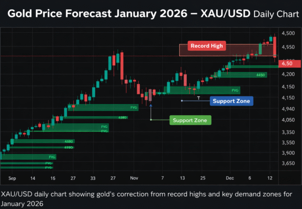 Gold price forecast January 2026 showing XAU/USD daily chart with support, resistance, and fair value gaps